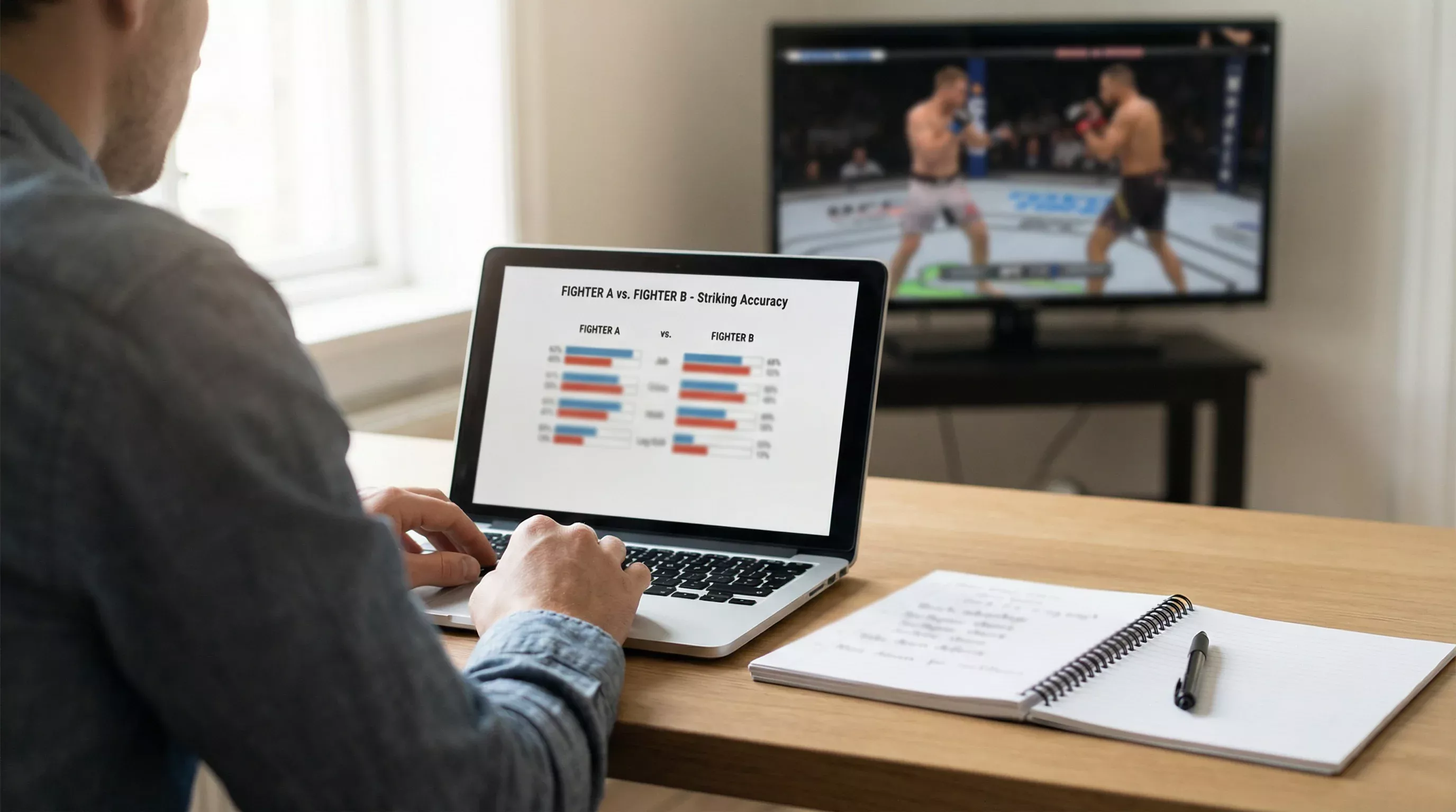 Parieur analysant des statistiques MMA sur un ordinateur portable avant un événement UFC
