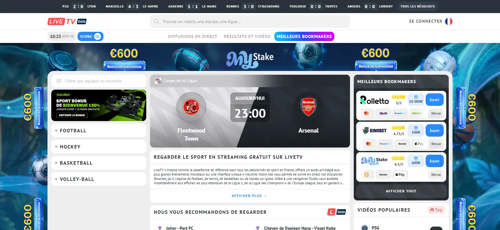 Accueil français de LiveTV avec les rubriques sportives et événements